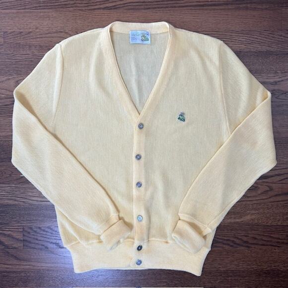 VTG Van Cort V Neck Cardigan Sweater Womens M Lt Yellow King Frog Button Front - Picture 1 of 7
